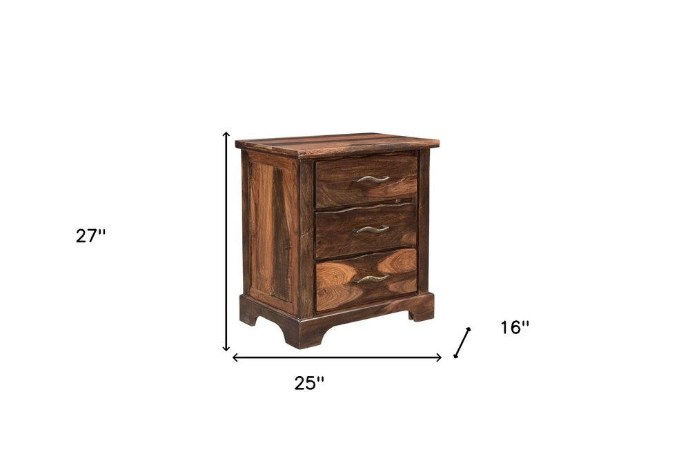 Dark brown solid wood 27-inch three-drawer nightstand by HomeRoots, showing smooth finish and sturdy construction.