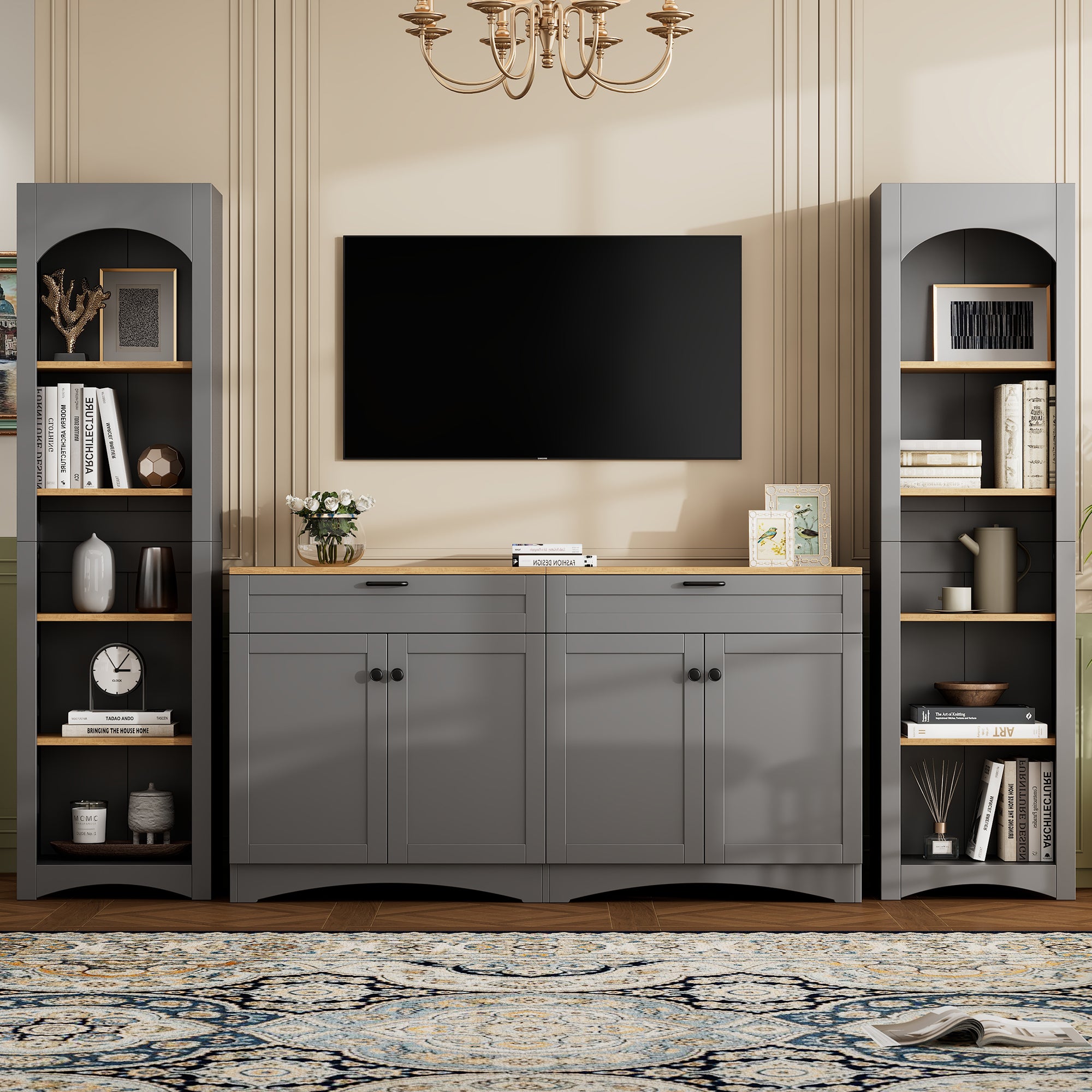 Mid-century Anthony & Home 70-inch TV console with integrated bookshelf, wooden finish and spacious storage compartments.