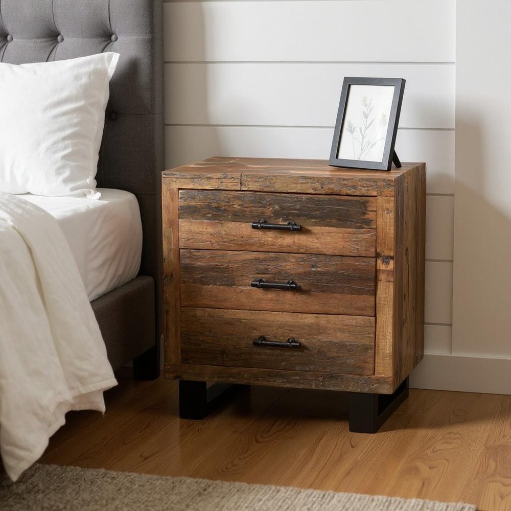30" Dark Brown Solid Wood Distressed Three Drawer Nightstand