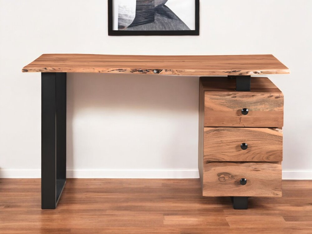 Natural and black live edge solid wood writing desk with three drawers by HomeRoots, showcasing a stylish design.