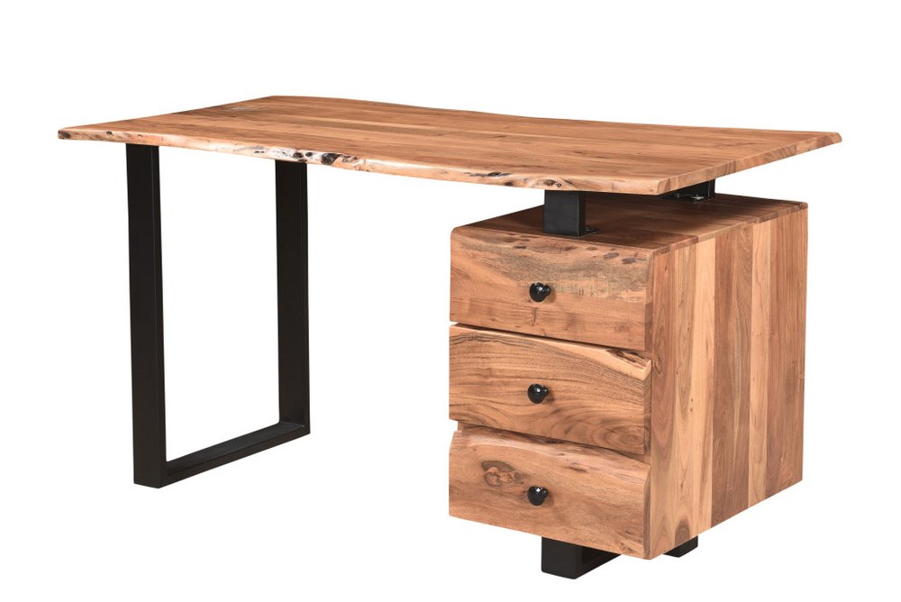 54" Natural and Black Live Edge Solid Wood Writing Desk With Three Drawers