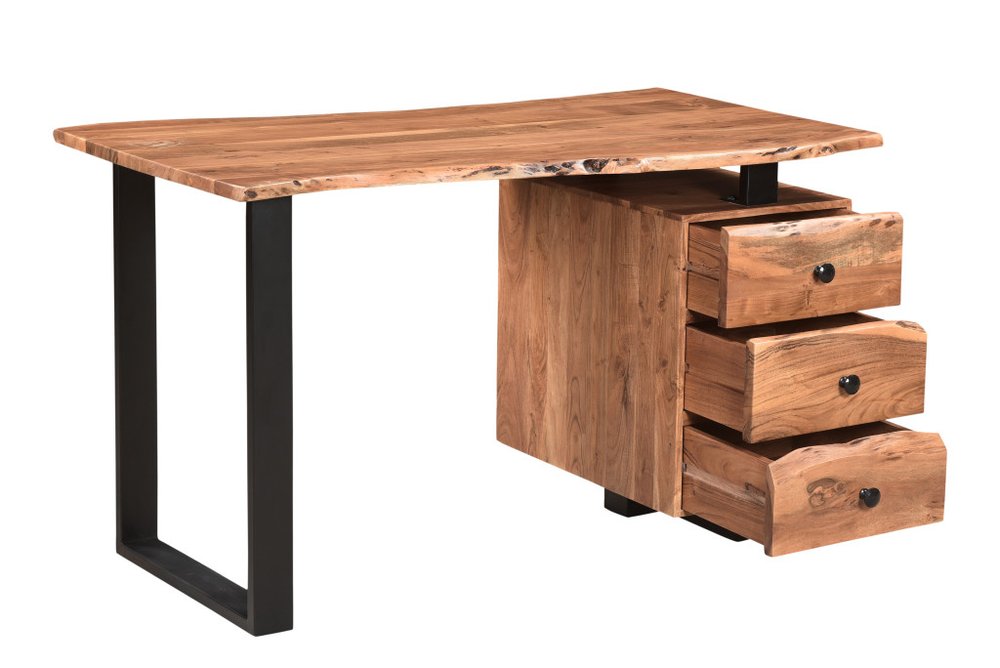 54" natural and black live edge solid wood writing desk with three drawers on a white background.