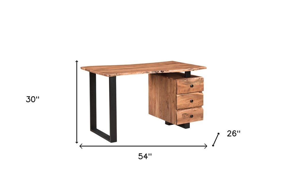 54" Natural and Black Live Edge Solid Wood Writing Desk With Three Drawers