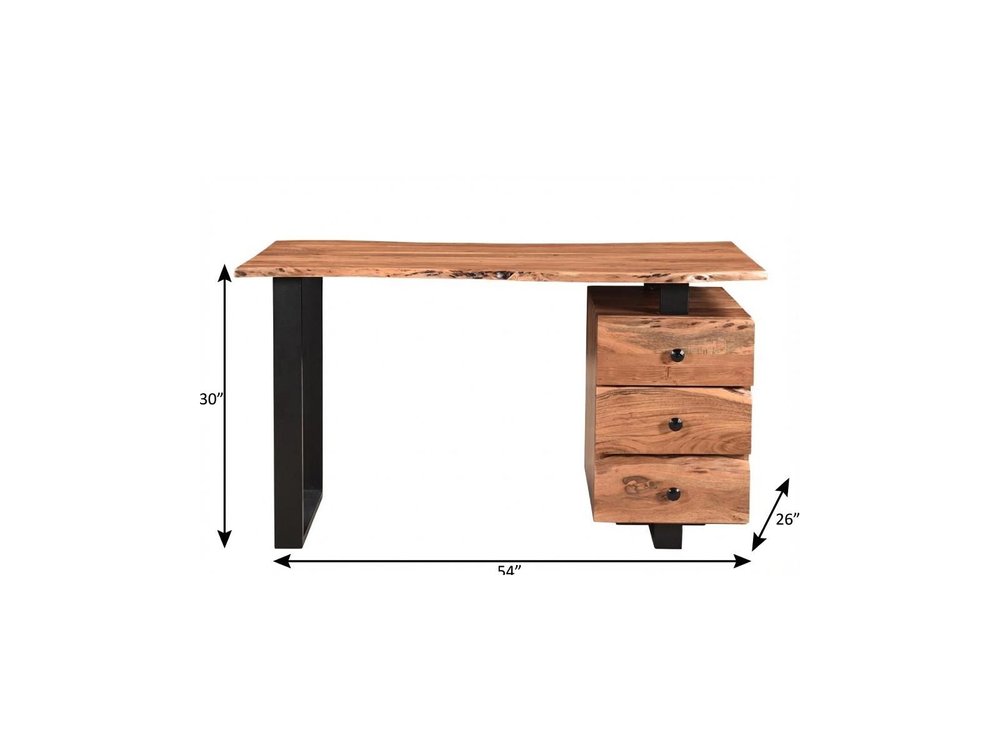 54" natural and black live edge solid wood writing desk by HomeRoots with three drawers and a sleek design.