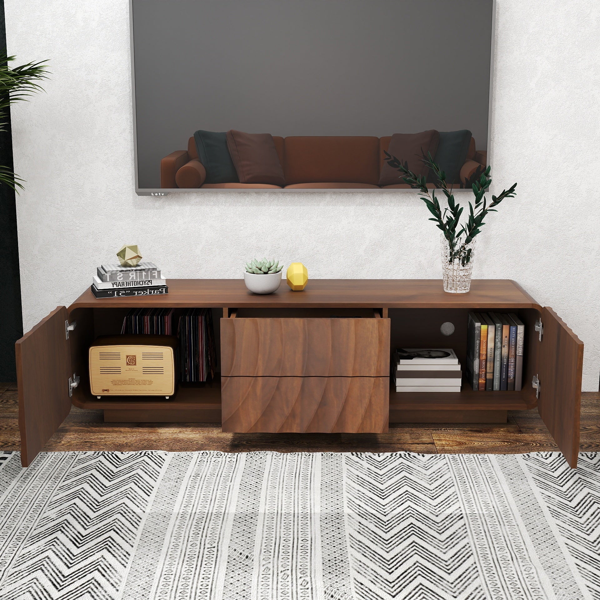 Anthony & Home 58-inch walnut TV console with spiral wave design, storage cabinet, and two drawers in a modern living room setting.