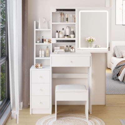 29.2 Inch Bedside Vanity Table Cushioned Stool LED Mirror