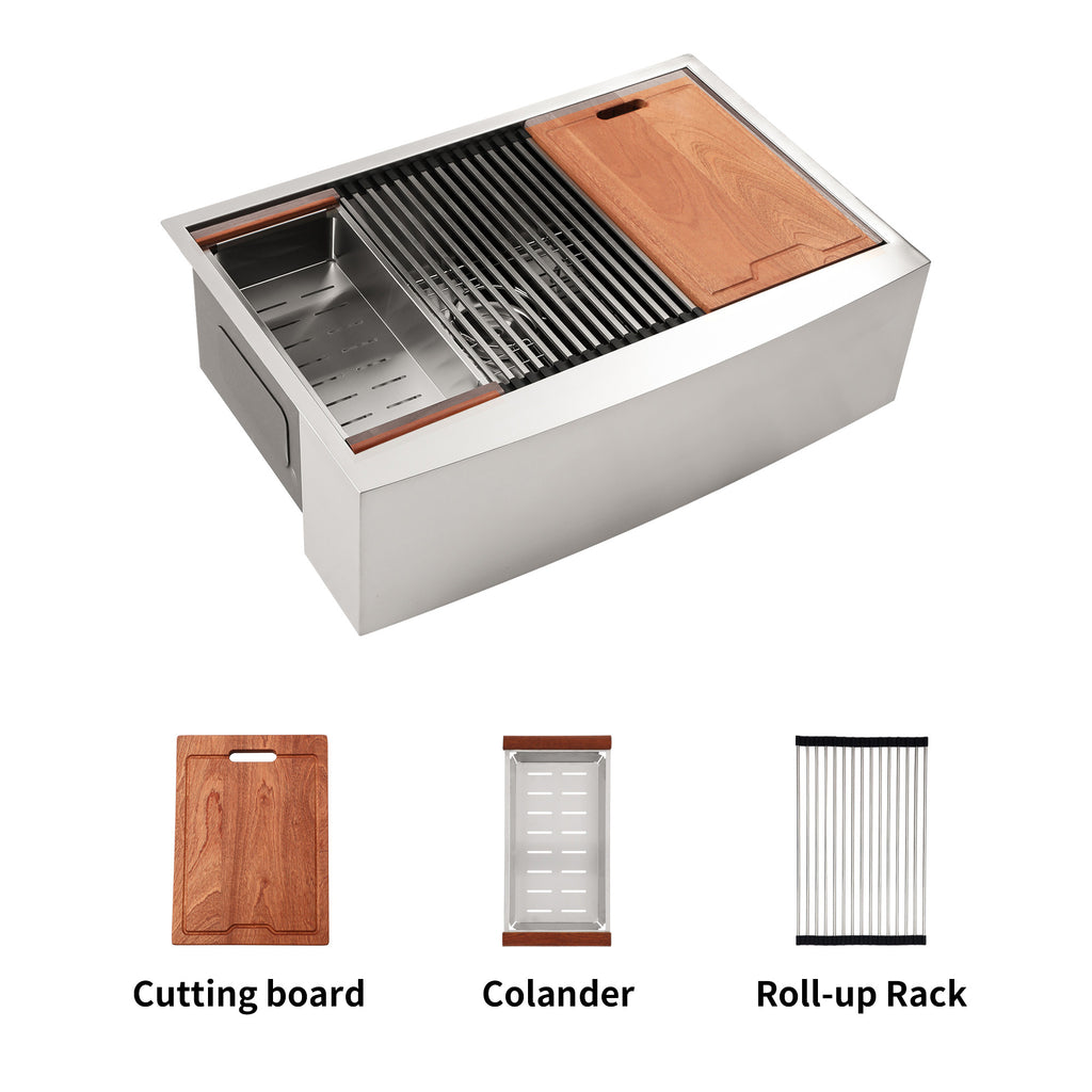 Anthony & Home stainless steel farmhouse apron kitchen sink workstation with durable, spacious design and modern farmhouse style.