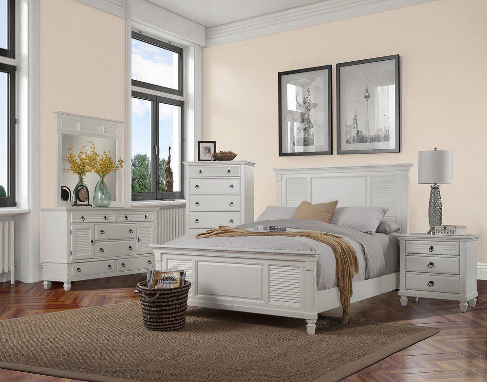 White Ribbed Texture Solid Wood Queen Bed Frame