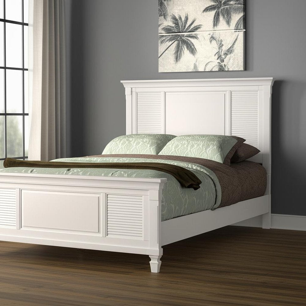 White Ribbed Texture Solid Wood Queen Bed Frame
