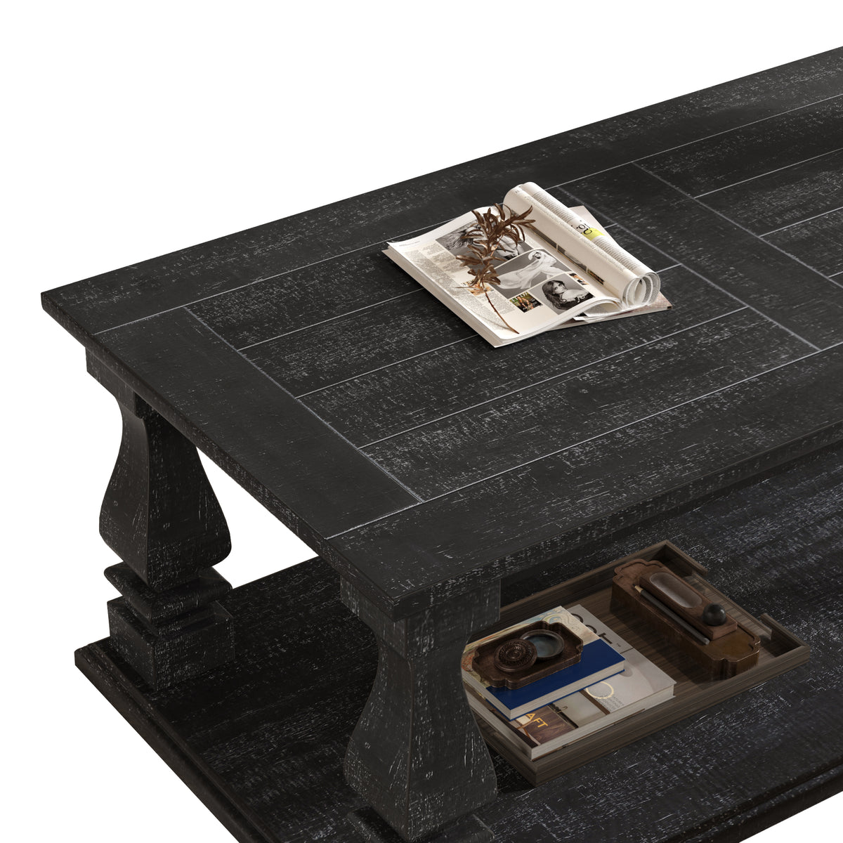 Weathered black farmhouse coffee table with heavy plank top, baluster legs, and storage shelf by Anthony & Home from the Atelier Collection.