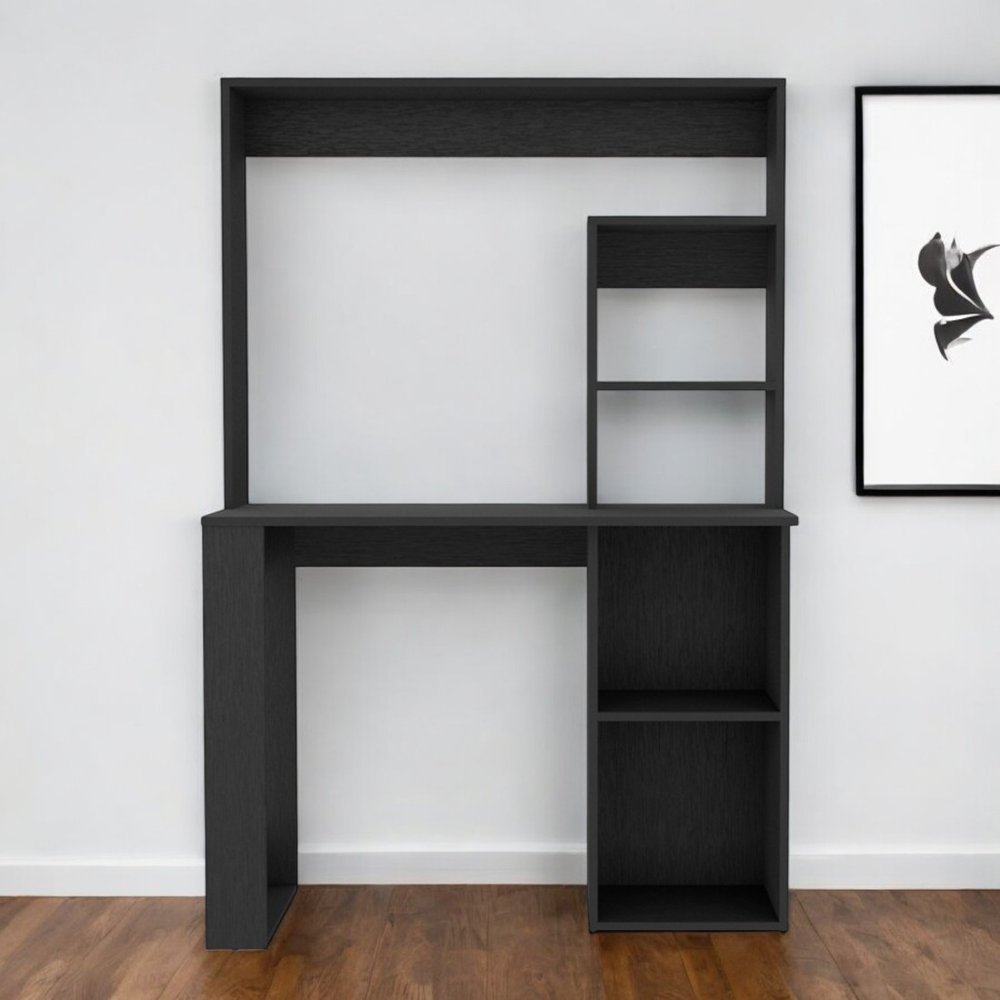 58" Black Wood Computer Desk With Hutch