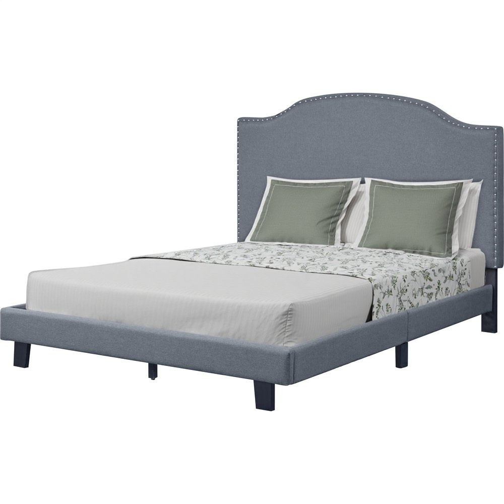 Gray Upholstered Queen Bed Frame with Nailhead Trim