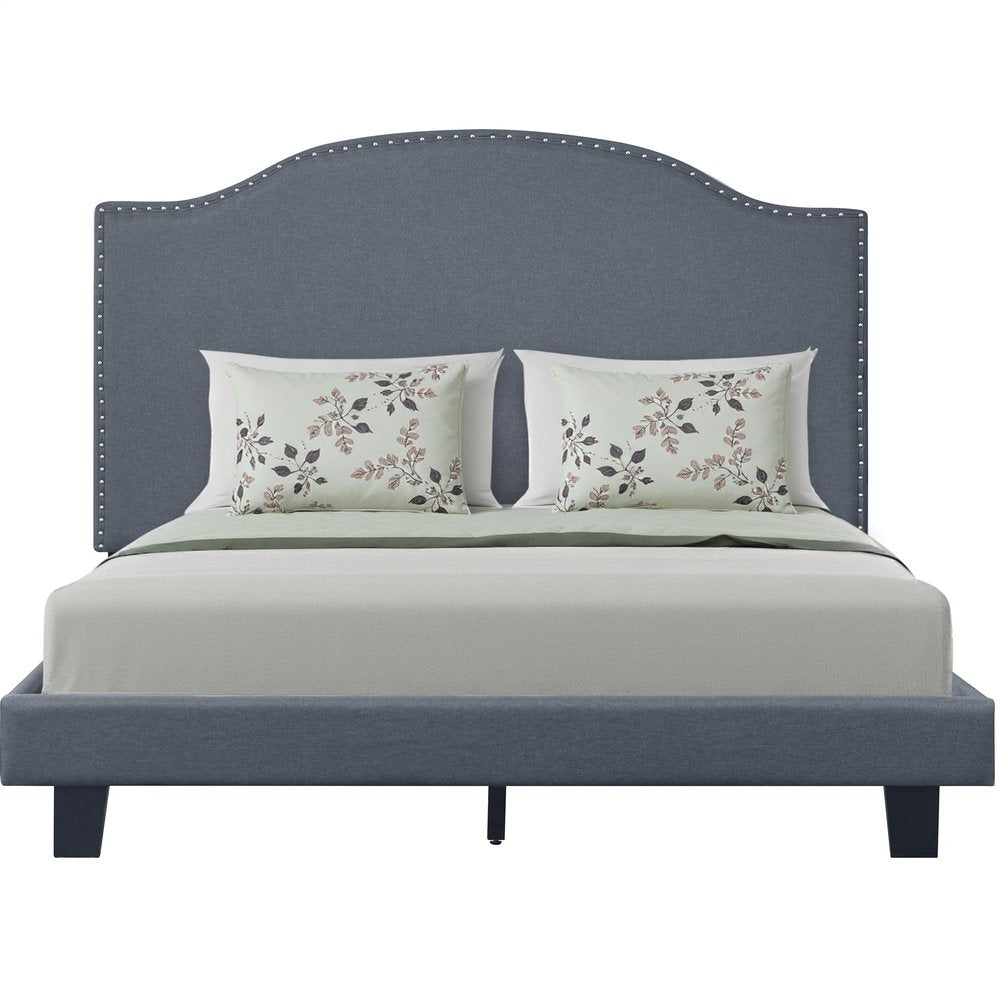 Gray Upholstered Queen Bed Frame with Nailhead Trim