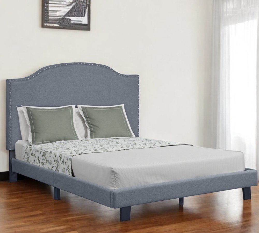 Gray Upholstered Queen Bed Frame with Nailhead Trim