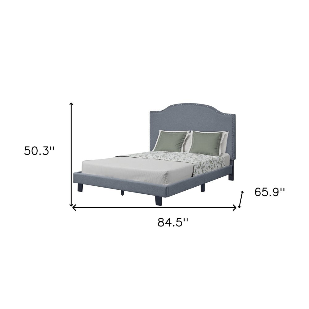 Gray Upholstered Queen Bed Frame with Nailhead Trim