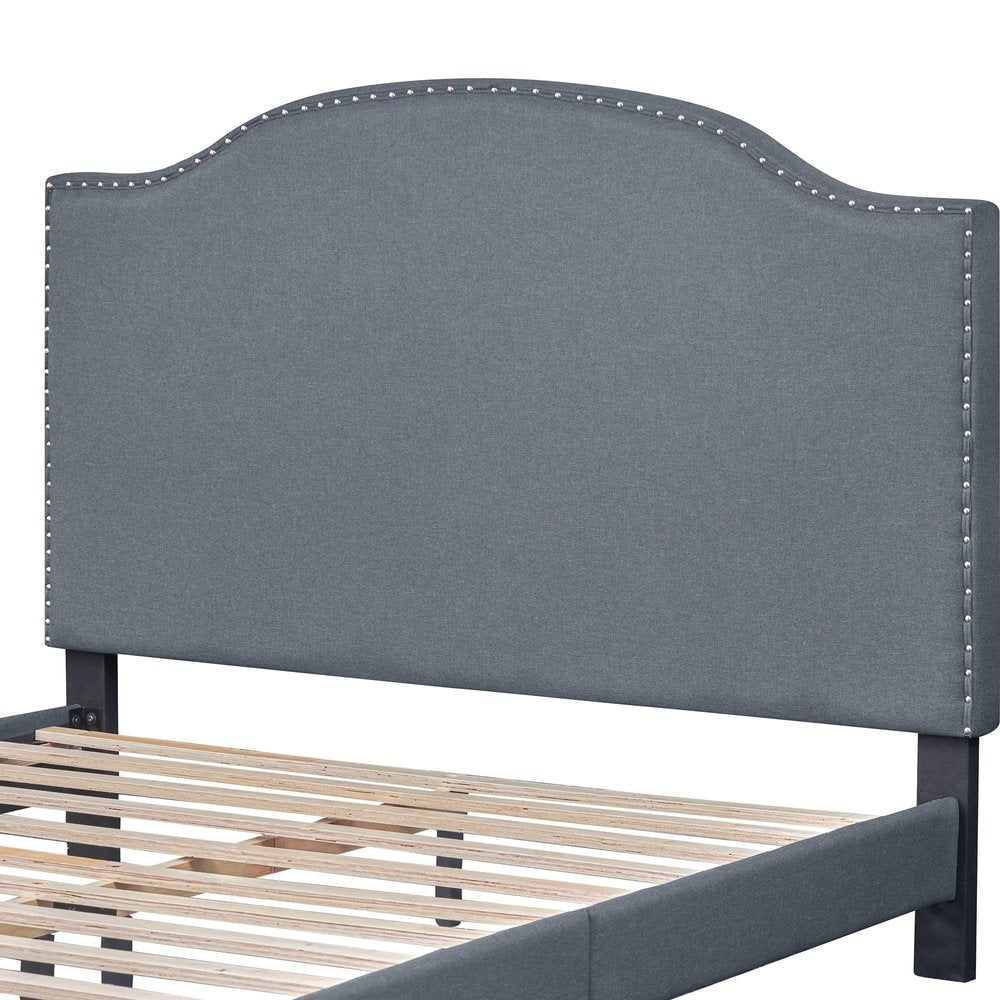Gray Upholstered Queen Bed Frame with Nailhead Trim