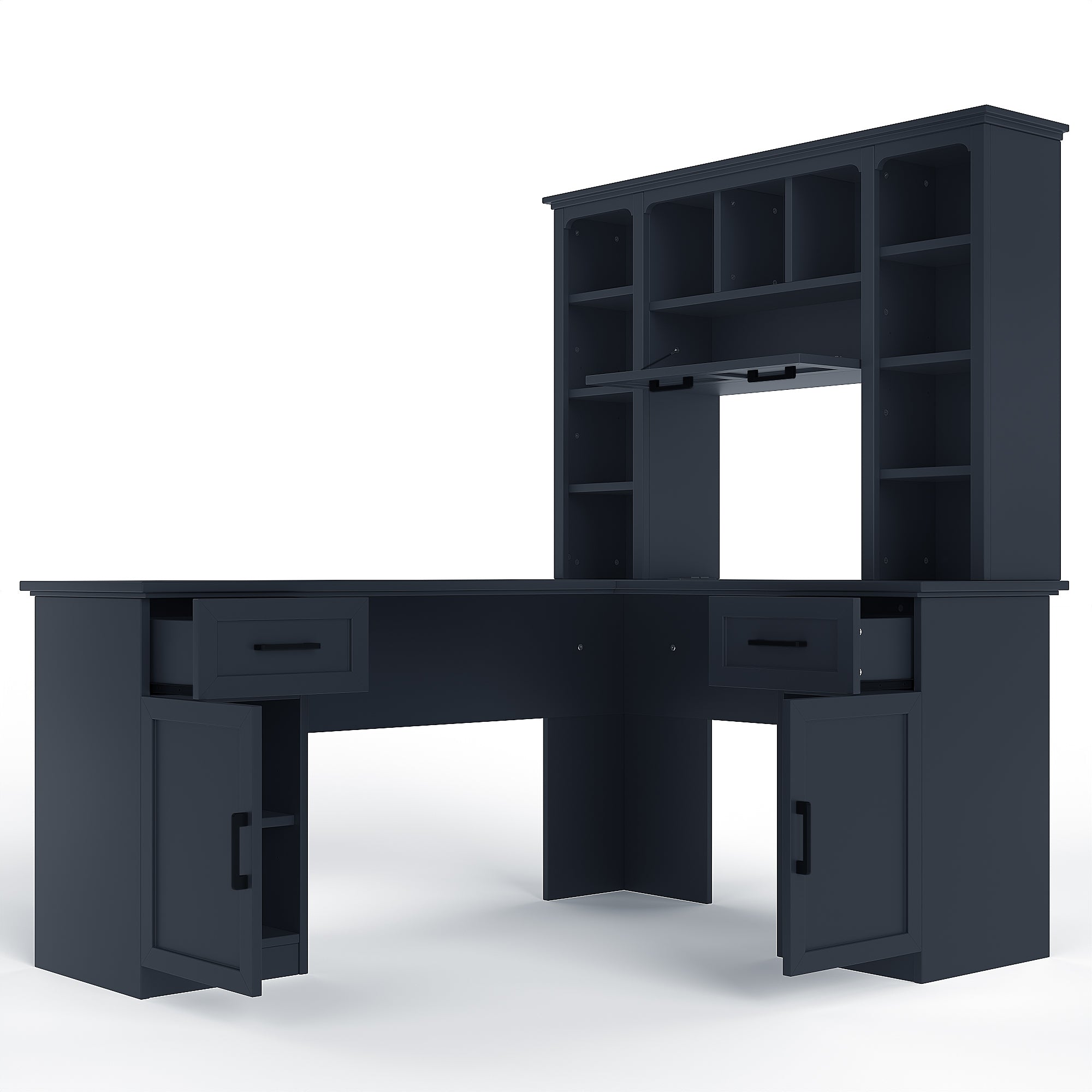 L-shaped Anthony & Home Atelier desk with power outlet, 2 cabinets, 2 drawers, 11 shelves, and a right flip shelf in a modern office setting.