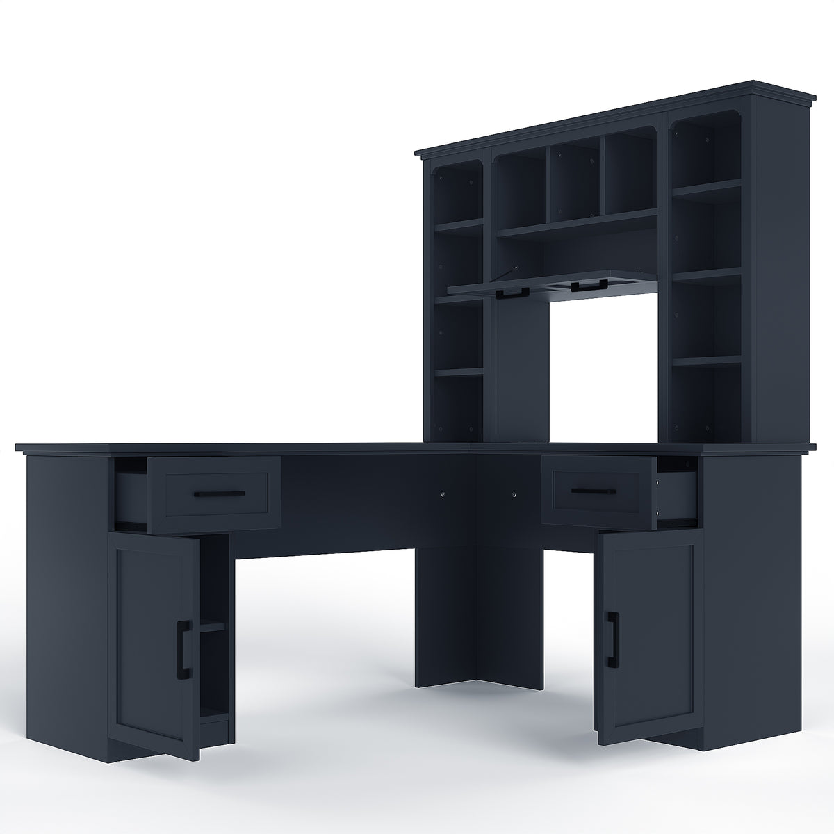 L-shaped Anthony & Home Atelier desk with power outlet, 2 cabinets, 2 drawers, 11 shelves, and a right flip shelf in a modern office setting.