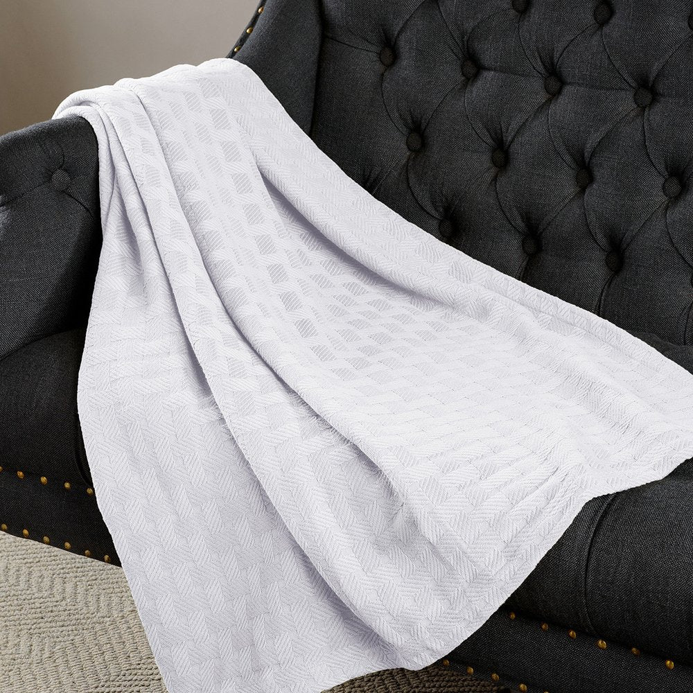 King White Cotton Basketweave Geometric Blanket