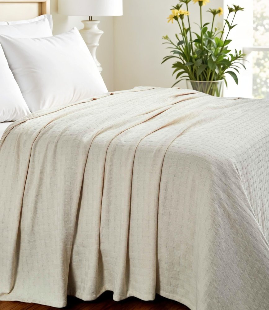 Twin Ivory Cotton Basketweave Geometric Blanket
