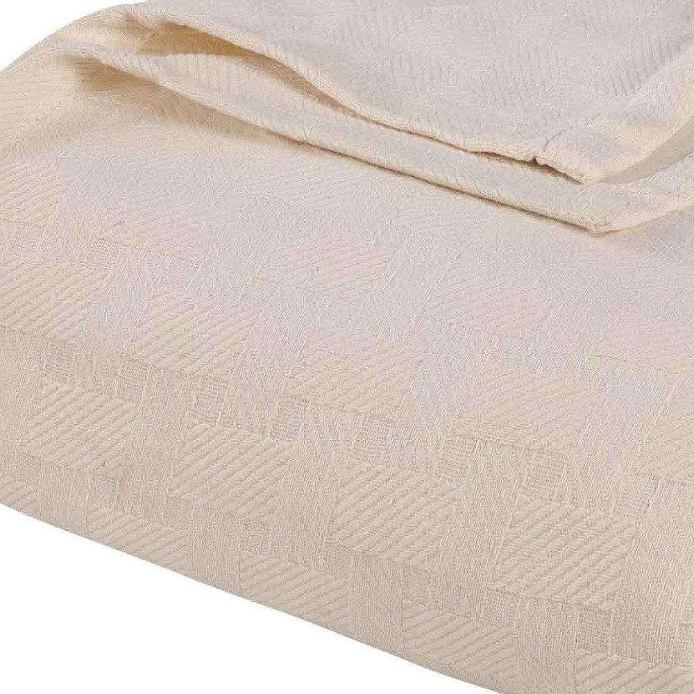 Twin Ivory Cotton Basketweave Geometric Blanket