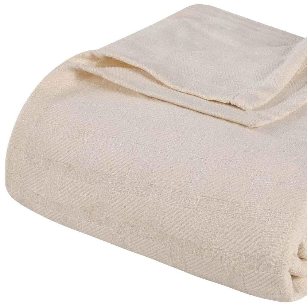 Twin Ivory Cotton Basketweave Geometric Blanket