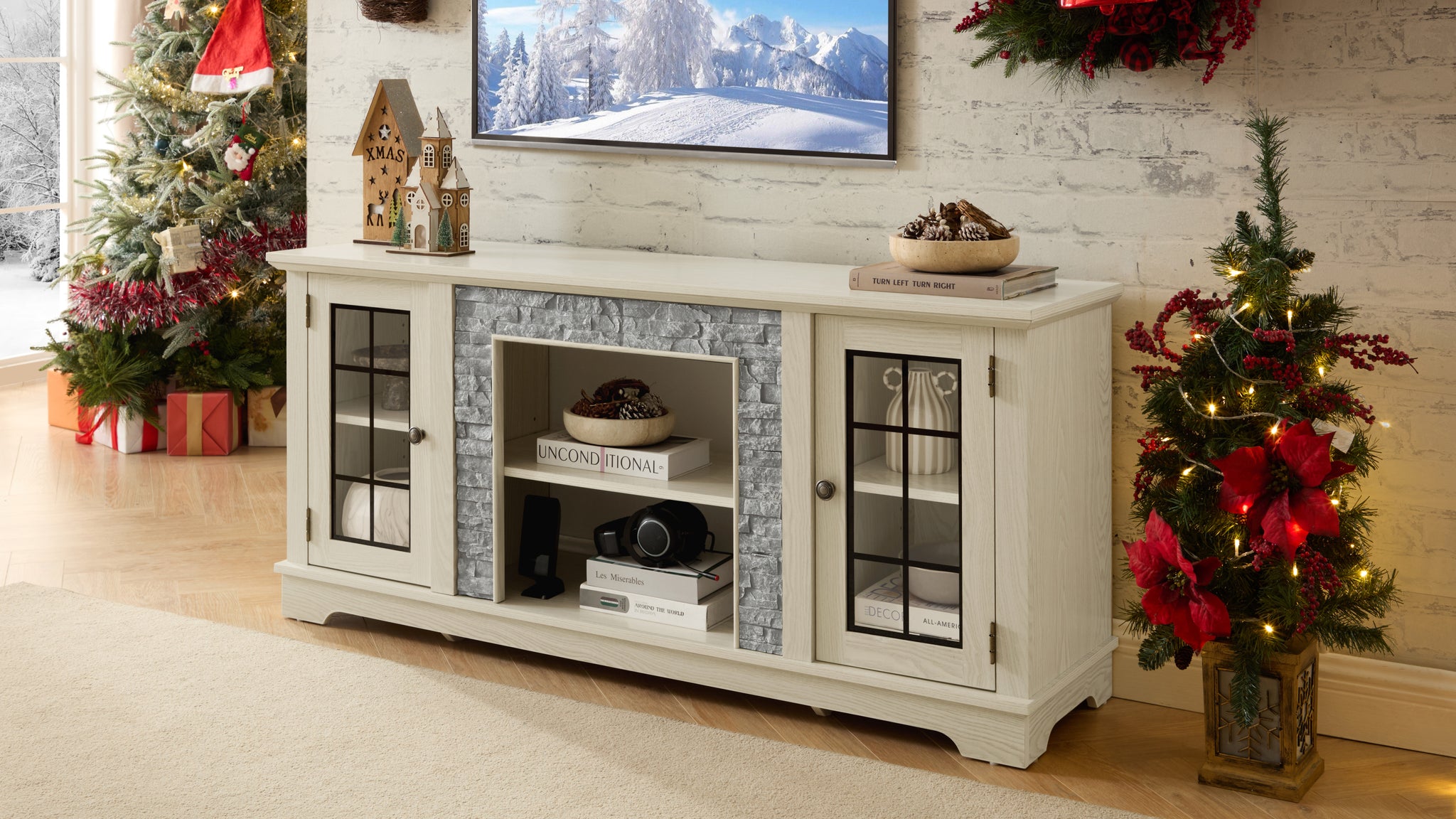White 58-inch stone-textured TV stand with two doors from Anthony & Home, modern design for living room entertainment setup.