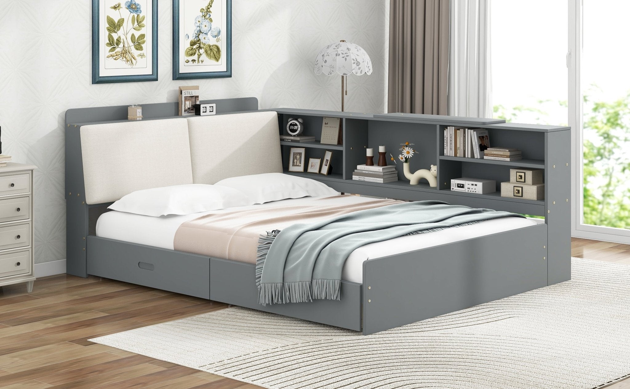 Limited edition solid wood platform bed with built-in storage from Anthony & Home, showcasing a sturdy wood frame and modern design.