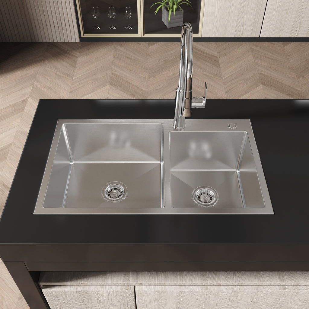 Brushed nickel stainless steel kitchen sink with double bowls, 32x19 inches, from Anthony & Home Studio Collection.
