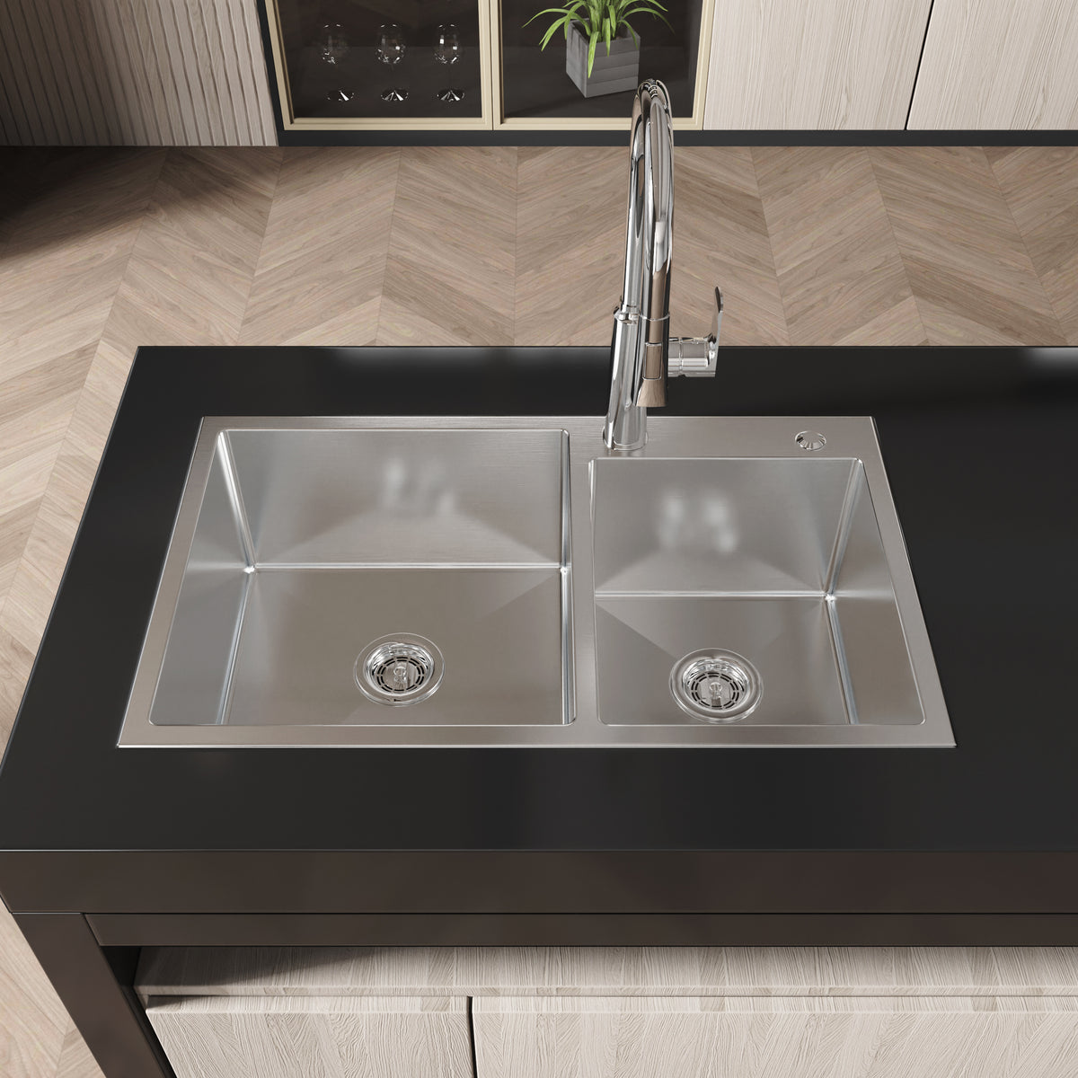 Brushed nickel stainless steel kitchen sink with double bowls, 32x19 inches, from Anthony & Home Studio Collection.