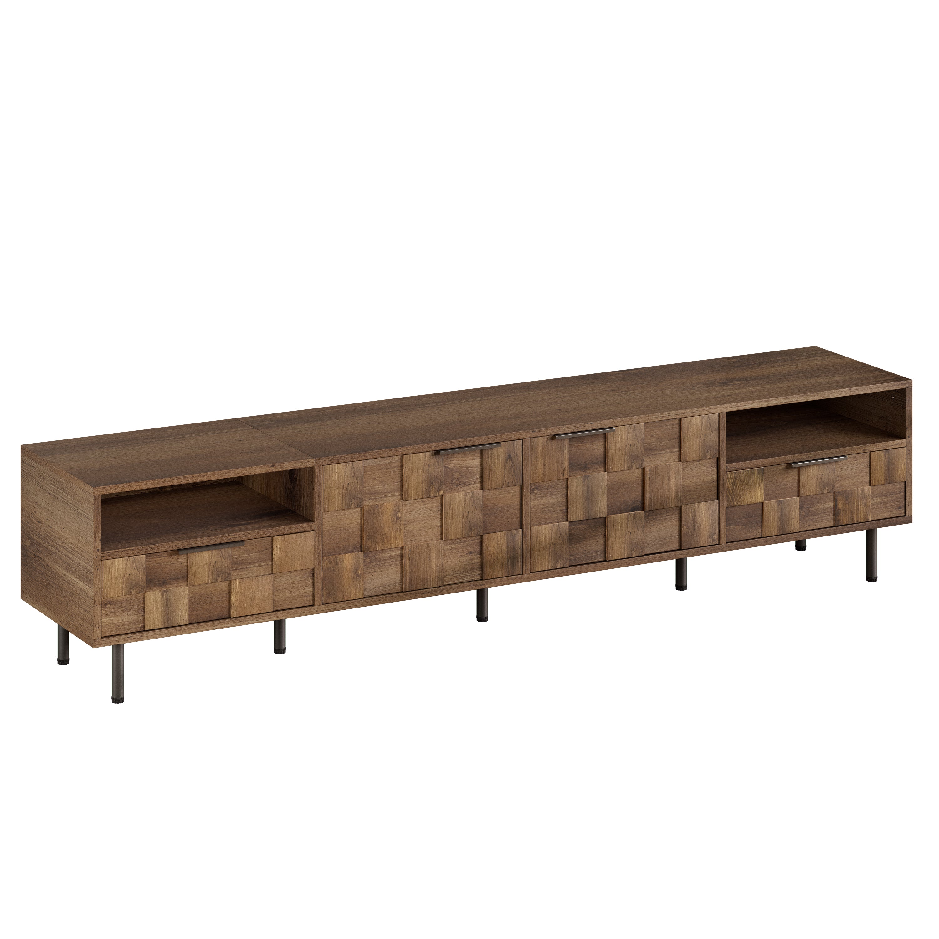 Mid-century Anthony & Home TV stand with natural finish, featuring two drawers and a sleek studio design.