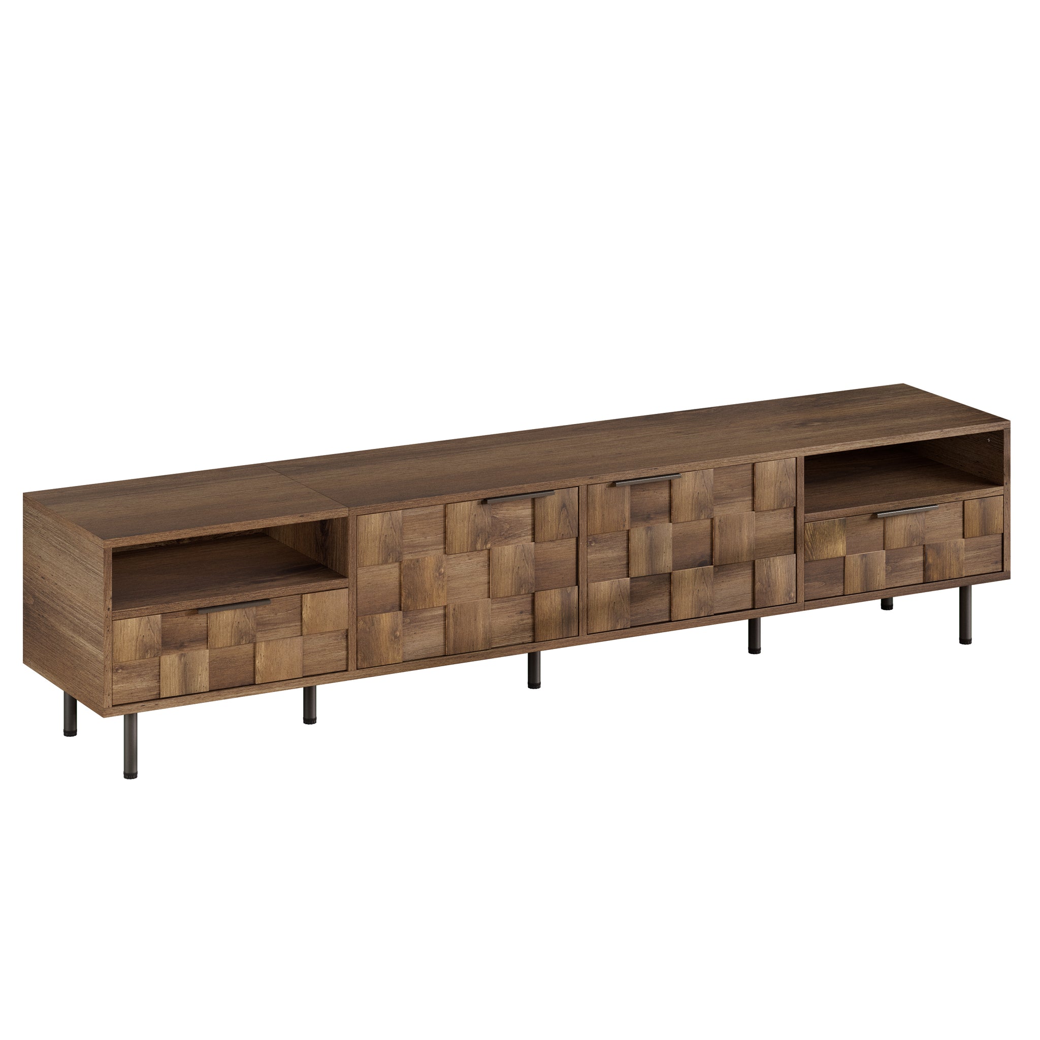Mid-century Anthony & Home TV stand with natural finish, featuring two drawers and a sleek studio design.