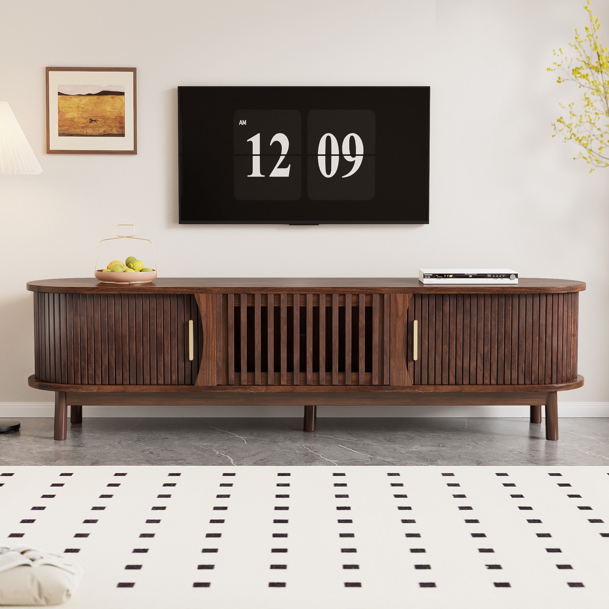Modern farmhouse solid pine TV stand by Anthony & Home with spacious shelves and sleek design for living room decor.