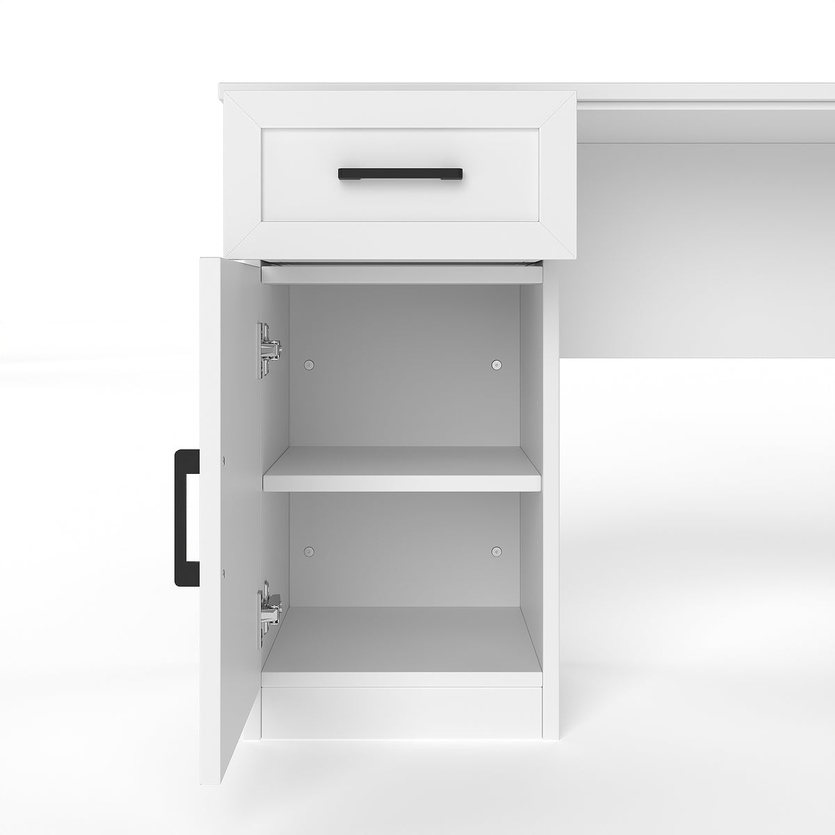 White matte L-shaped desk with cabinets and shelving from Anthony & Home Signature Collection, showing the sleek workspace setup.
