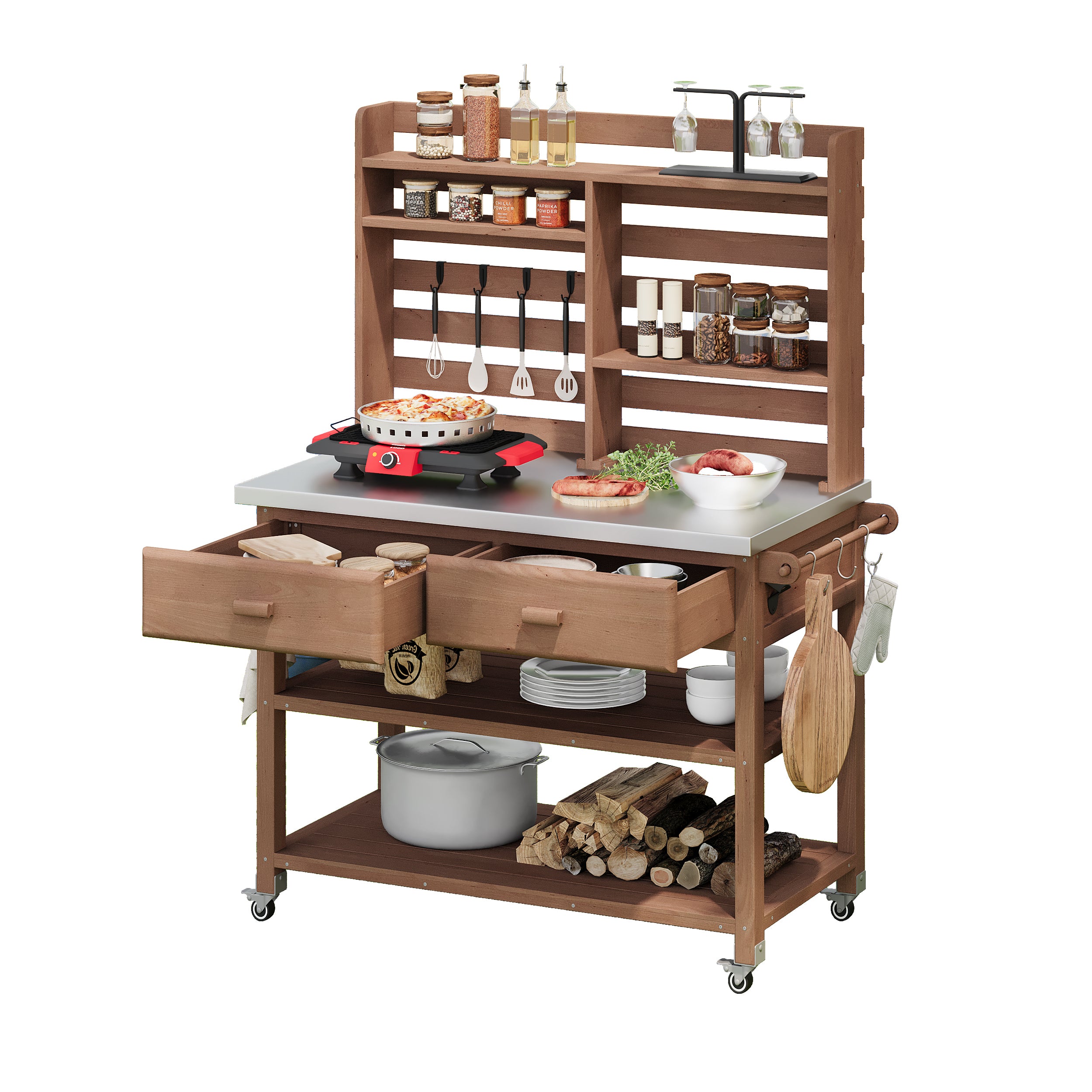 Anthony & Home outdoor potting bench with stainless steel top, featuring a sturdy wooden frame and ample workspace for gardening tasks.