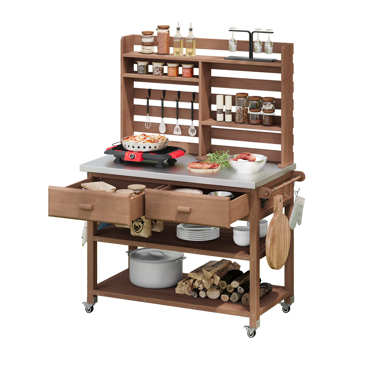 Anthony & Home outdoor potting bench with stainless steel top, featuring a sturdy wooden frame and ample workspace for gardening tasks.