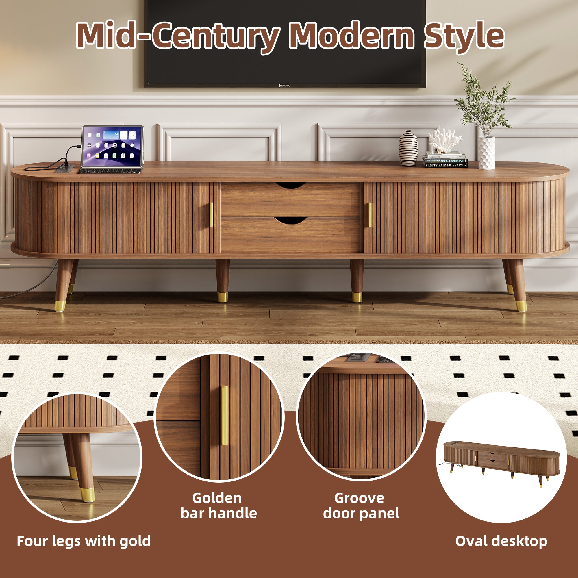 Walnut mid-century TV stand by Anthony & Home featuring sleek design, storage compartments, and tapered wooden legs.