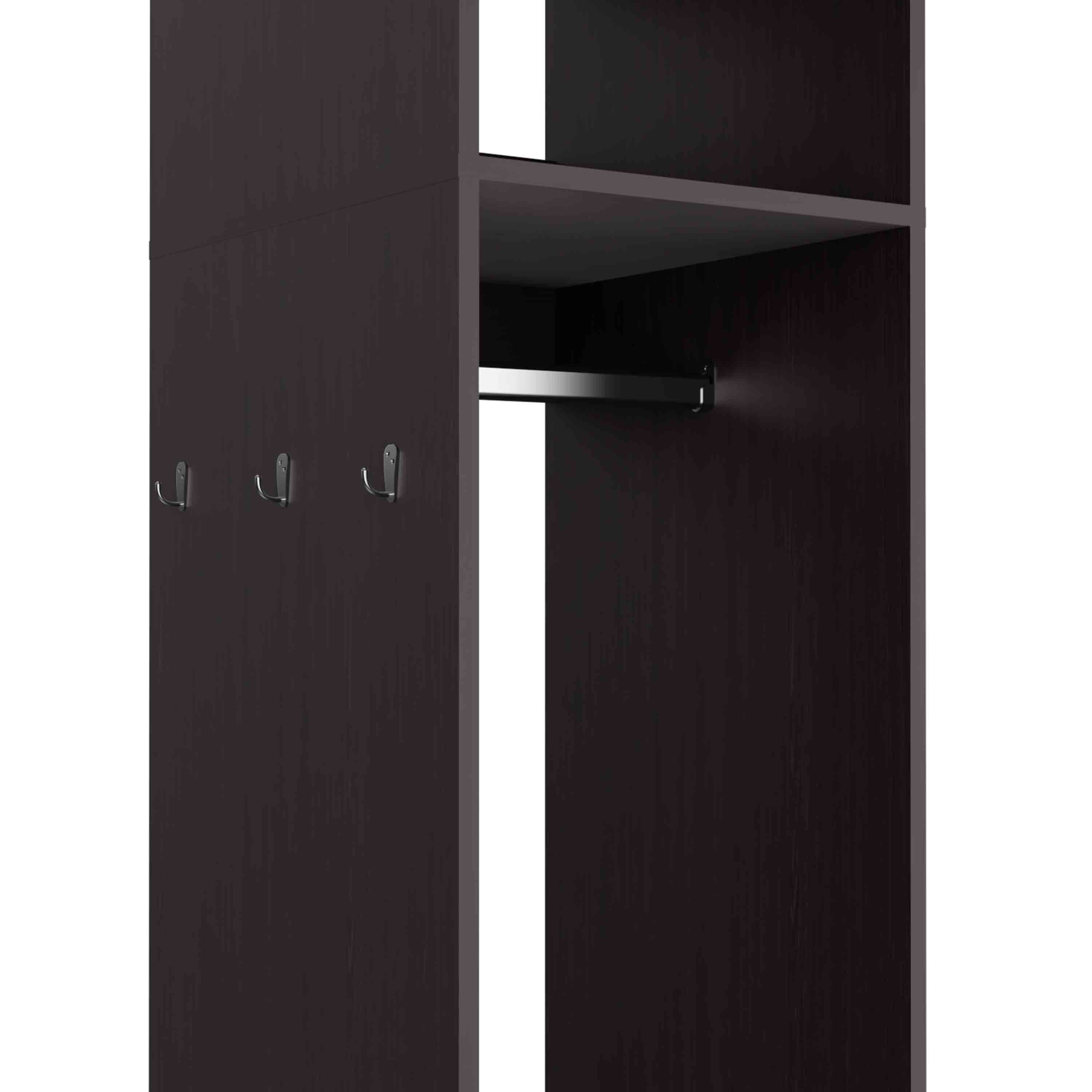 Black particle board armoire by Anthony & Home, exclusive edition, featuring sleek design and ample storage space.