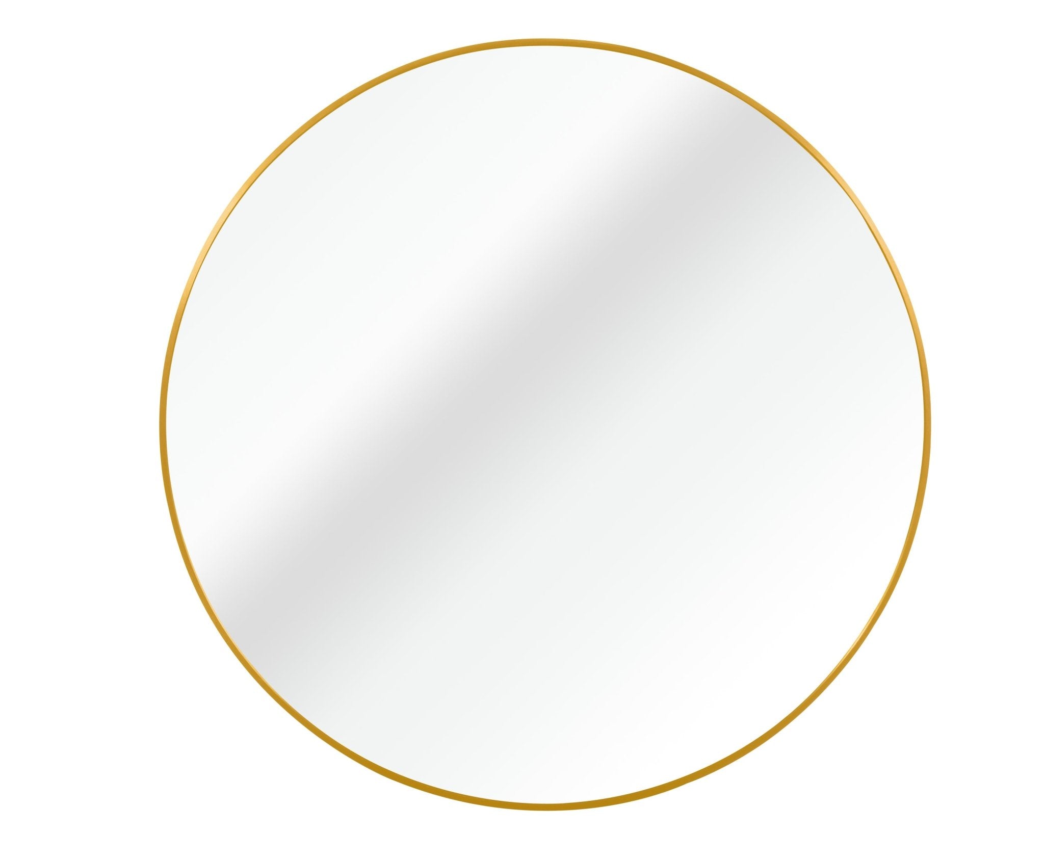 Gold metal framed 36-inch round bathroom mirror with sleek design, reflecting a modern bathroom space.
