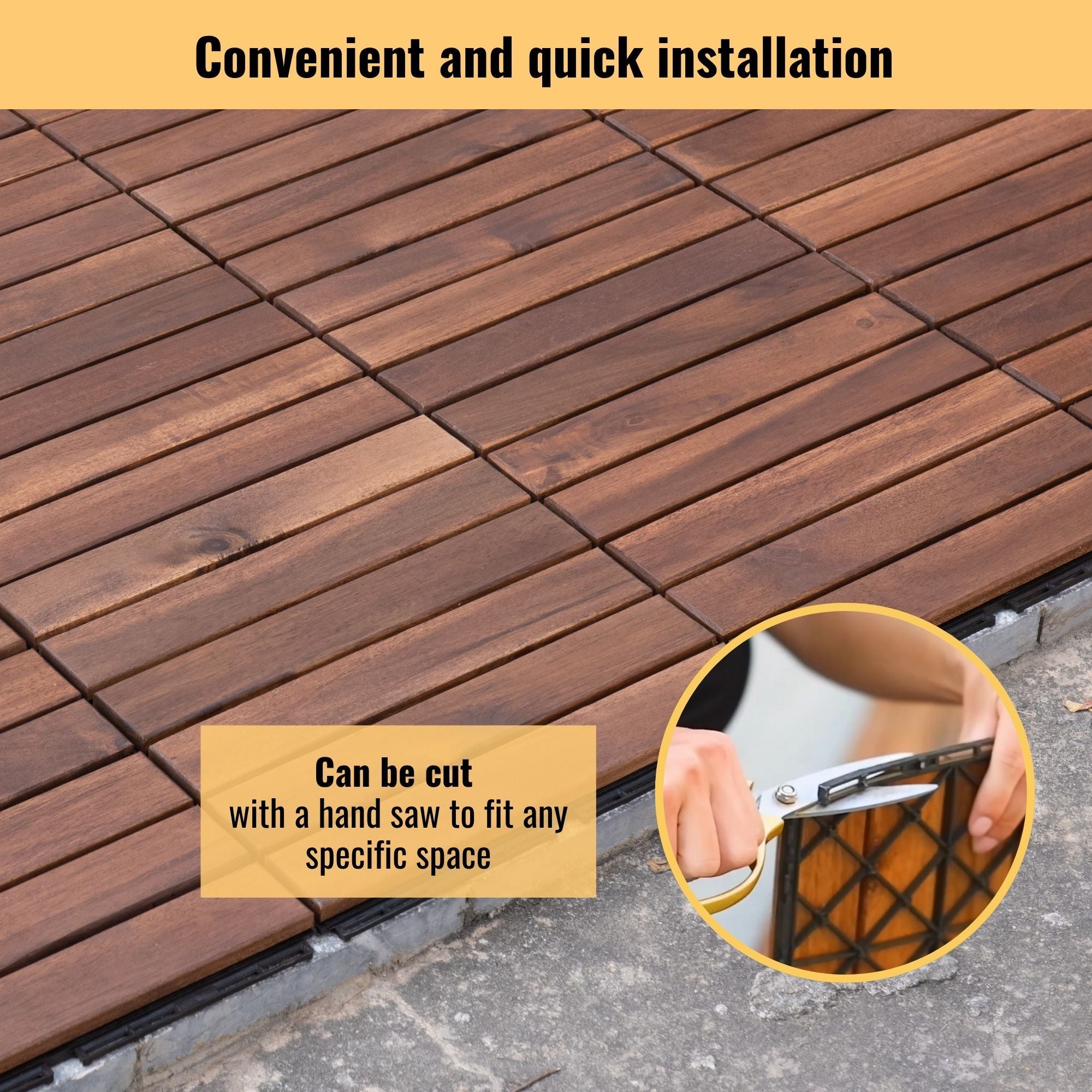 Anthony & Home Acacia Studio Interlocking Deck Tiles with striped design, 12-inch outdoor wooden tiles for patio or balcony flooring.