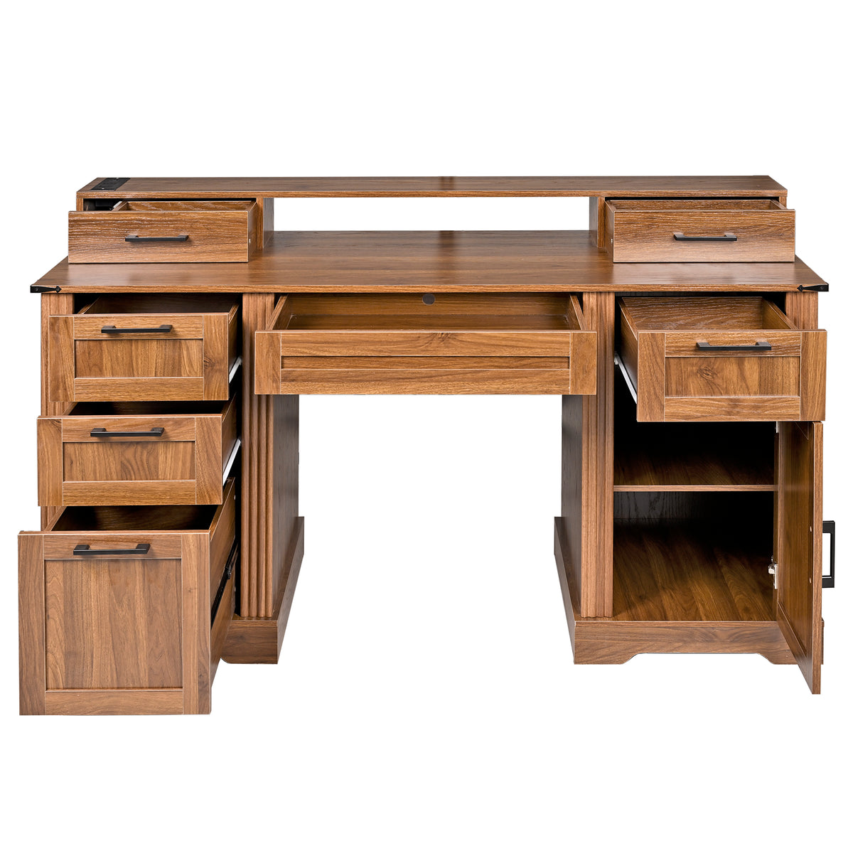 Dark walnut farmhouse office desk with charging station, barn door, and monitor stand by Anthony & Home, showcasing its stylish design.