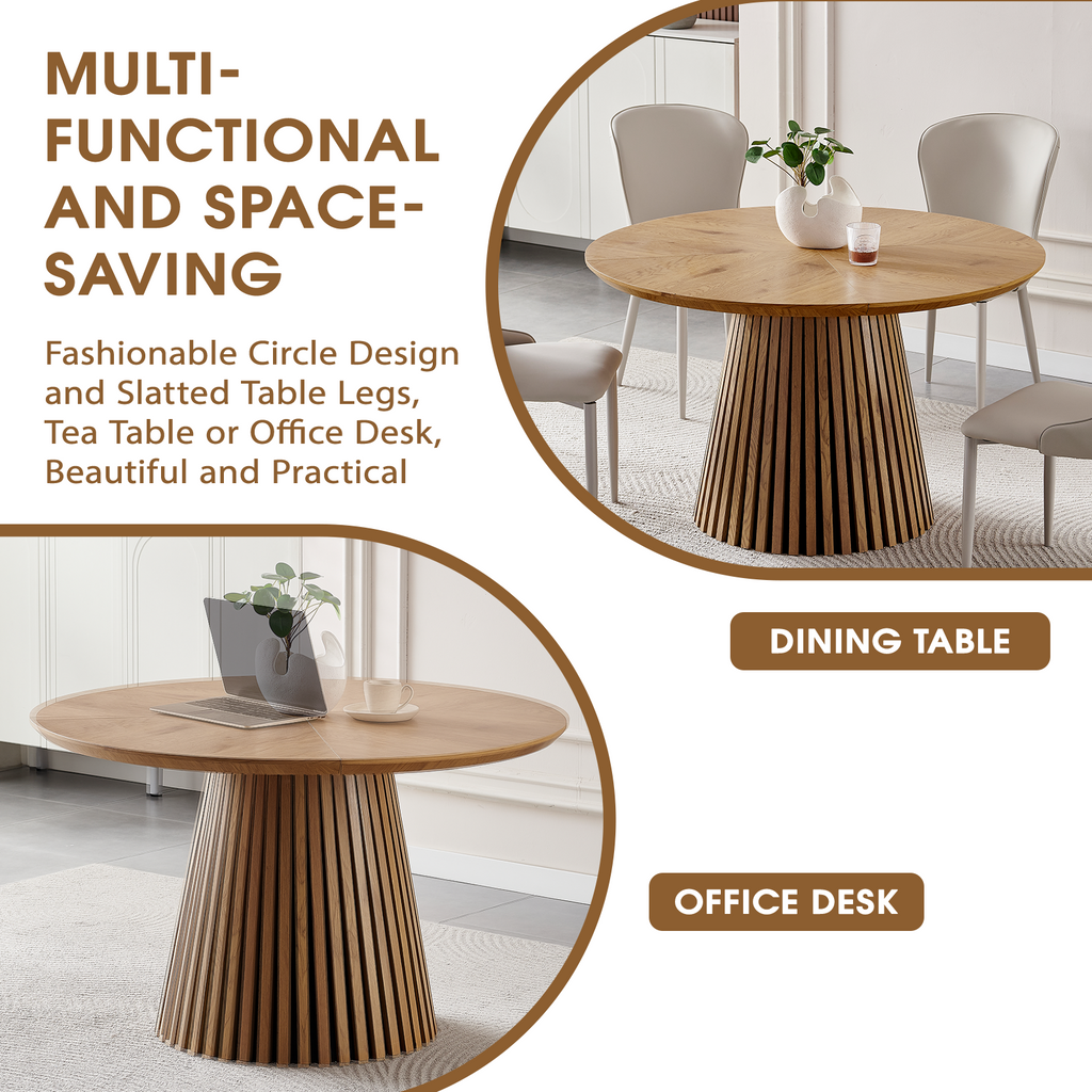 Round solid wood dining table from Anthony & Home's Atelier Collection, showcasing a smooth wooden surface and sturdy legs.