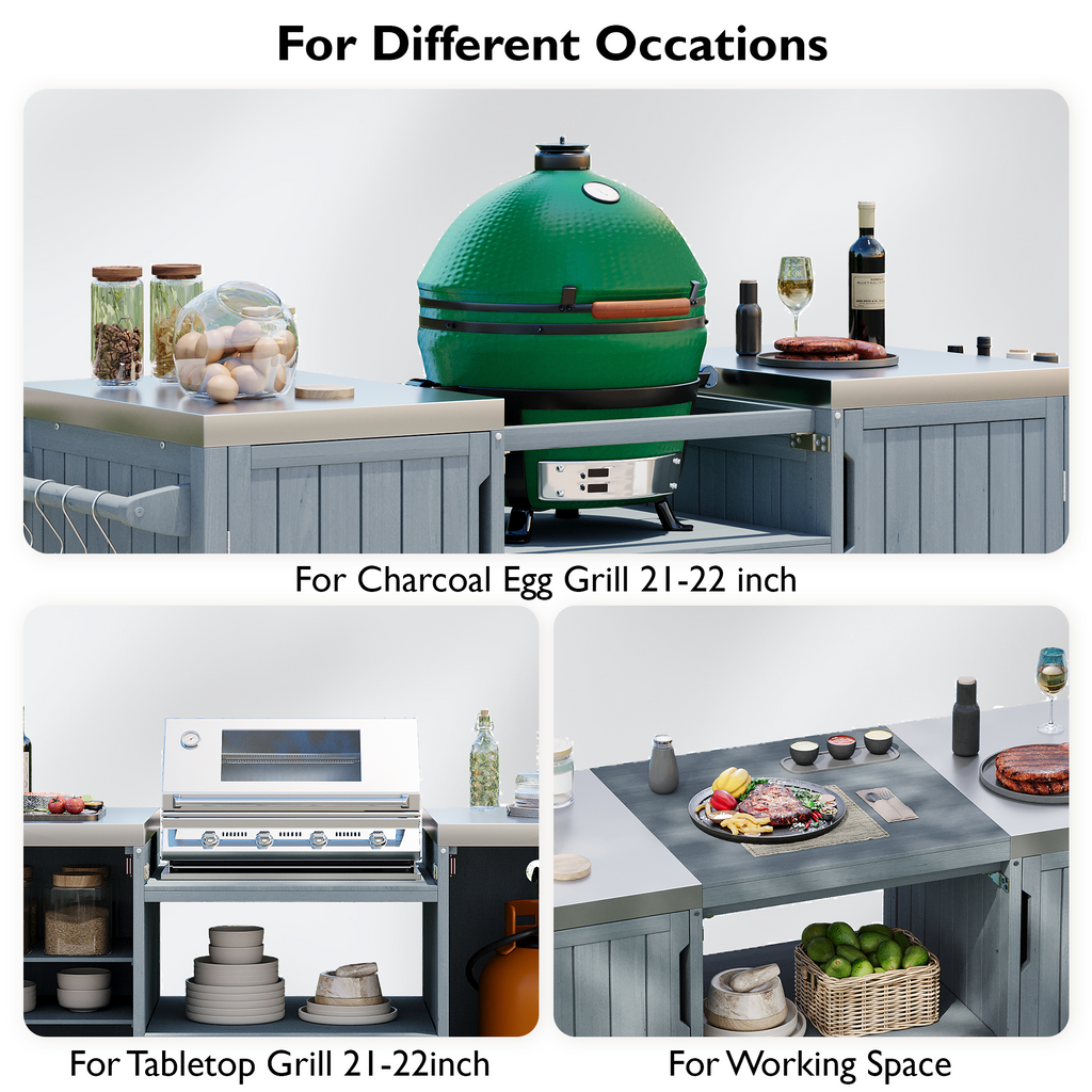 Solid wood outdoor kitchen island for Big Green Egg, by Anthony & Home, featuring built-in counter space and storage.
