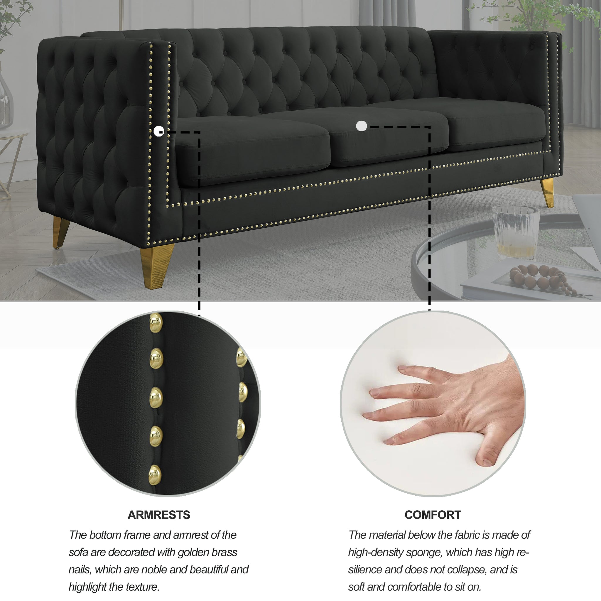 Black Atelier Velvet Tufted 3-Seater Sofa with metal legs by Anthony & Home, showcasing plush velvet upholstery and modern design.