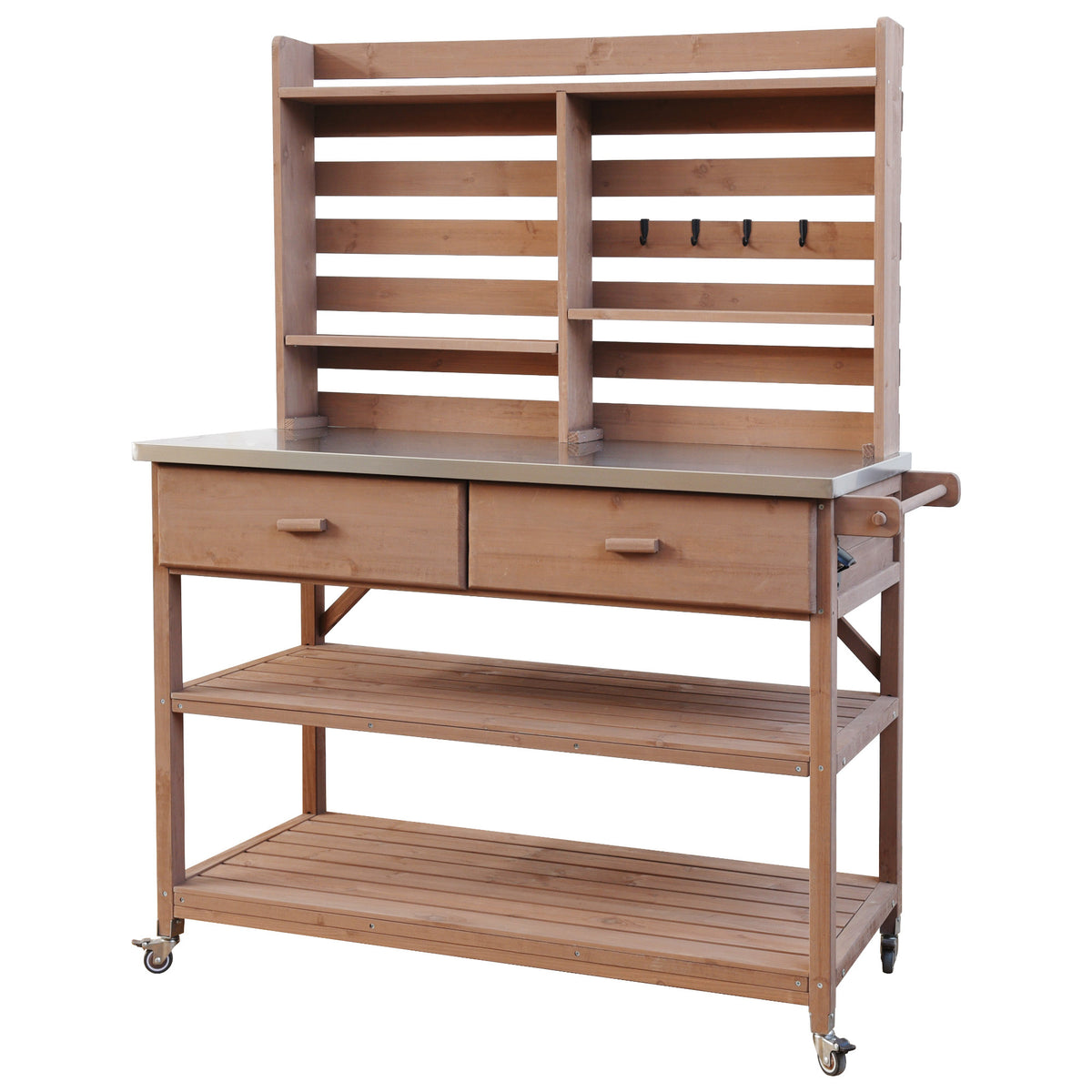 Anthony & Home Signature outdoor potting bench with stainless steel top, featuring storage shelves and a sturdy wooden frame.