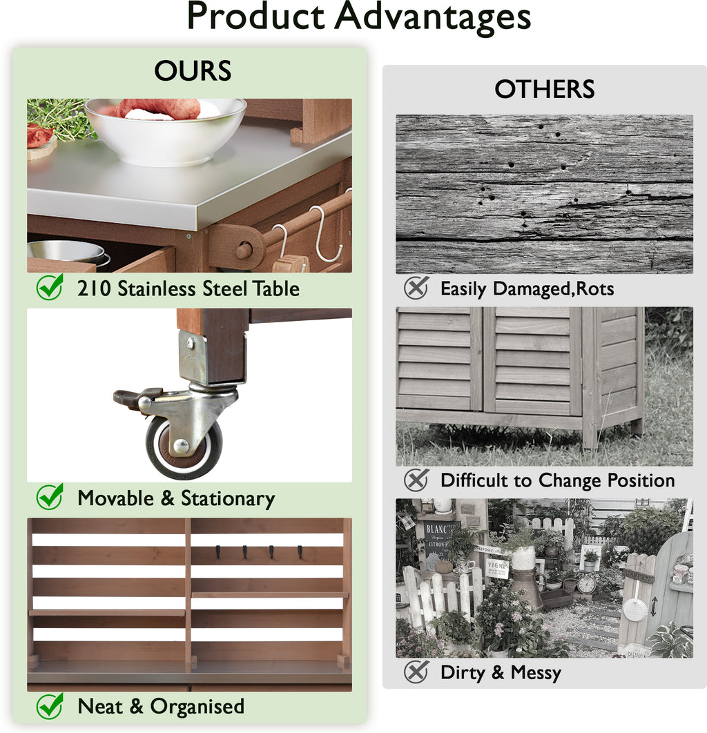 Anthony & Home outdoor potting bench with stainless steel top, featuring a sturdy structure and ample workspace for gardening tasks.