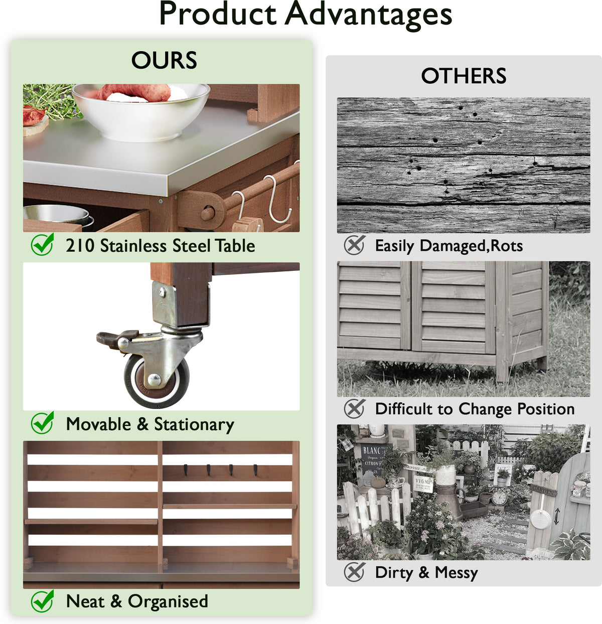 Anthony & Home outdoor potting bench with stainless steel top, featuring a sturdy structure and ample workspace for gardening tasks.