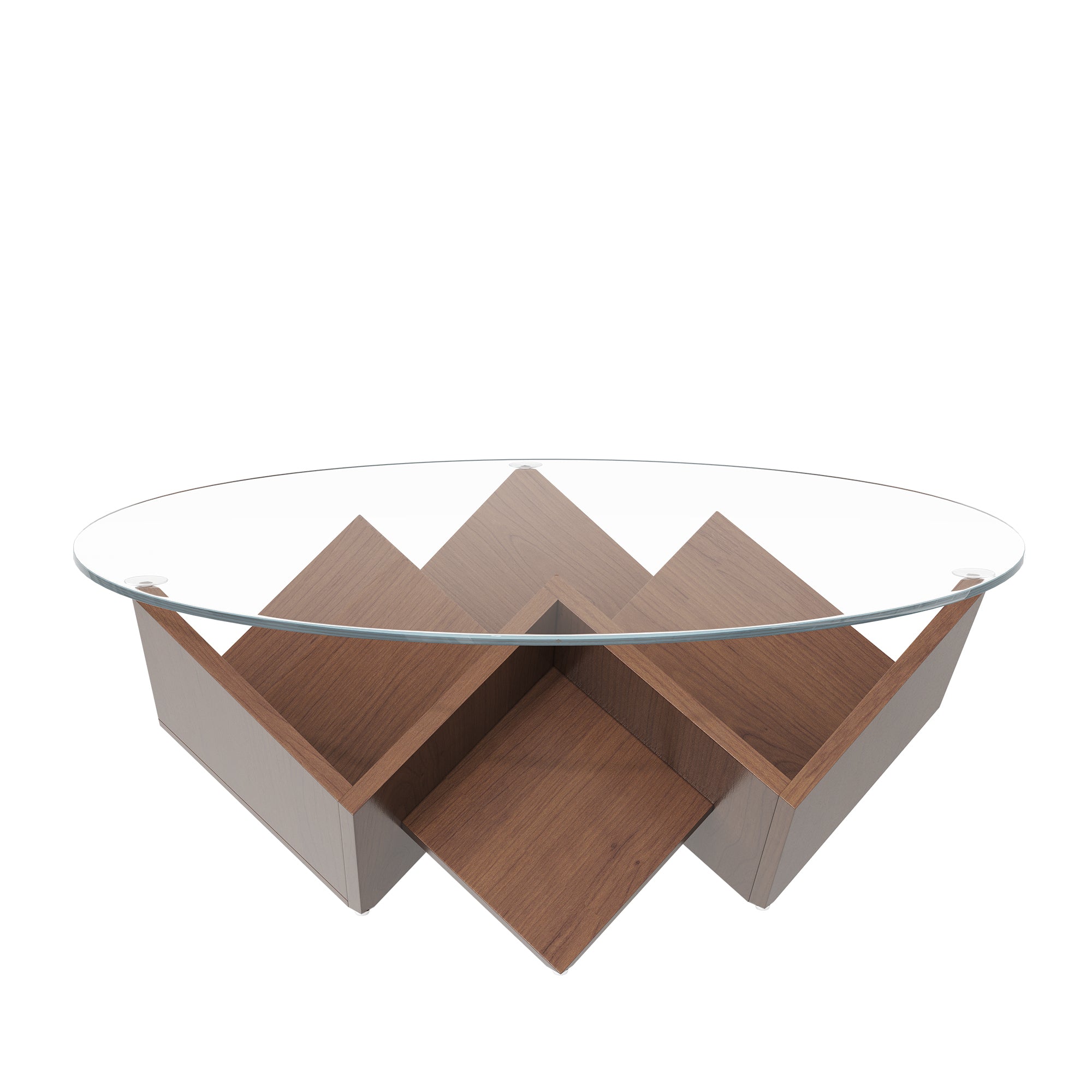 Round walnut coffee table with glass top and geometric Art Deco base from Anthony & Home's Atelier Collection.