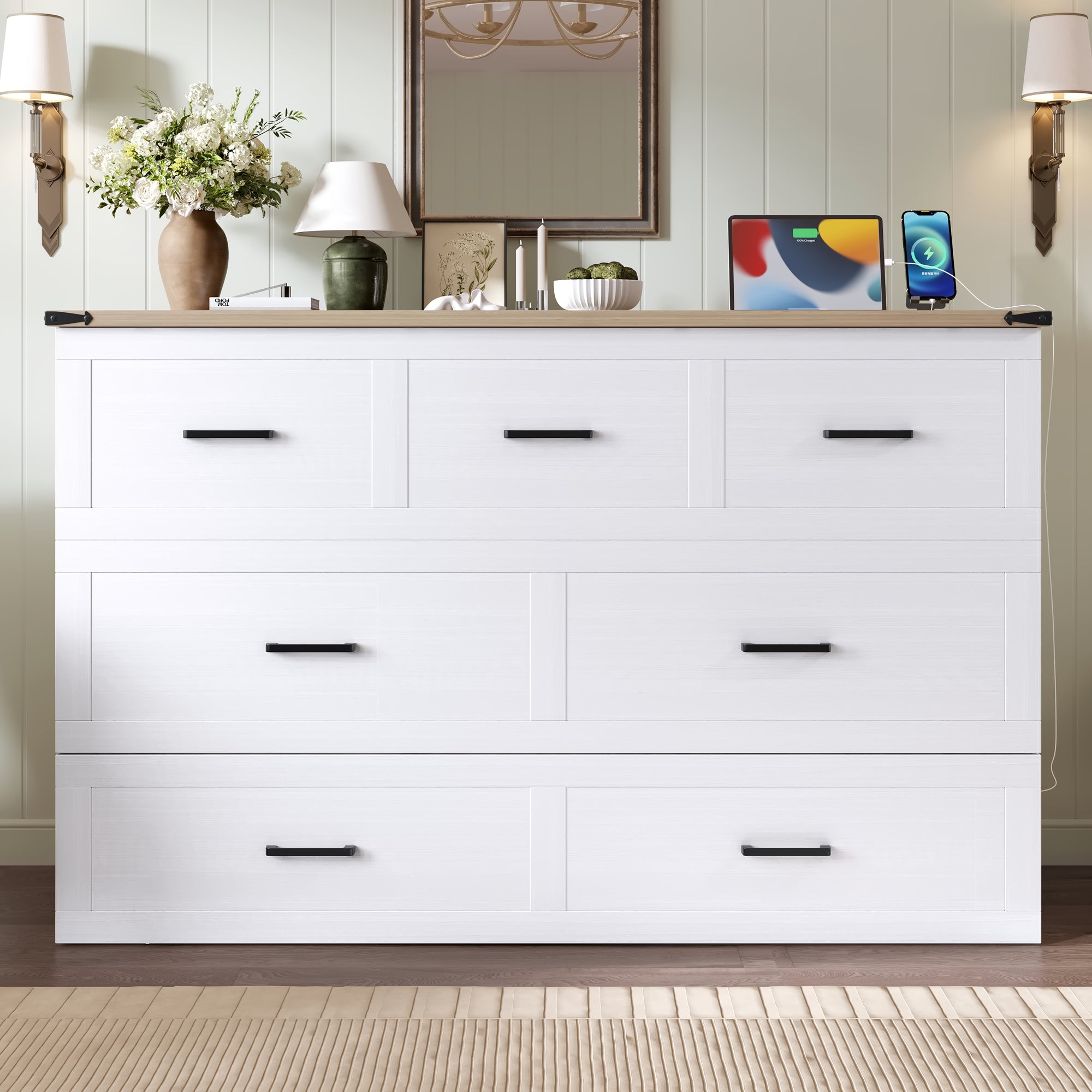 White finish Murphy bed cabinet Queen size from Anthony & Home's Elite Collection, featuring a compact design with clean lines.