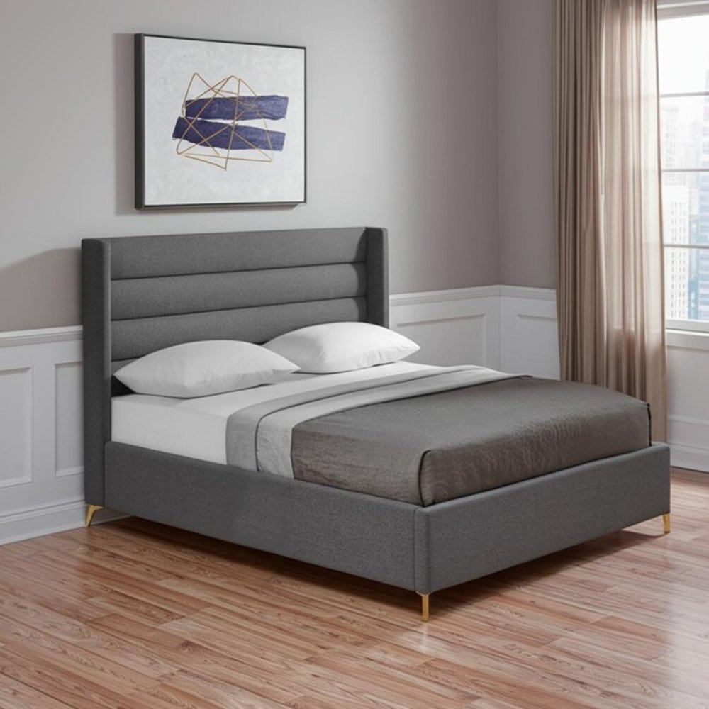 Gray Linen Upholstered Queen Bed Frame